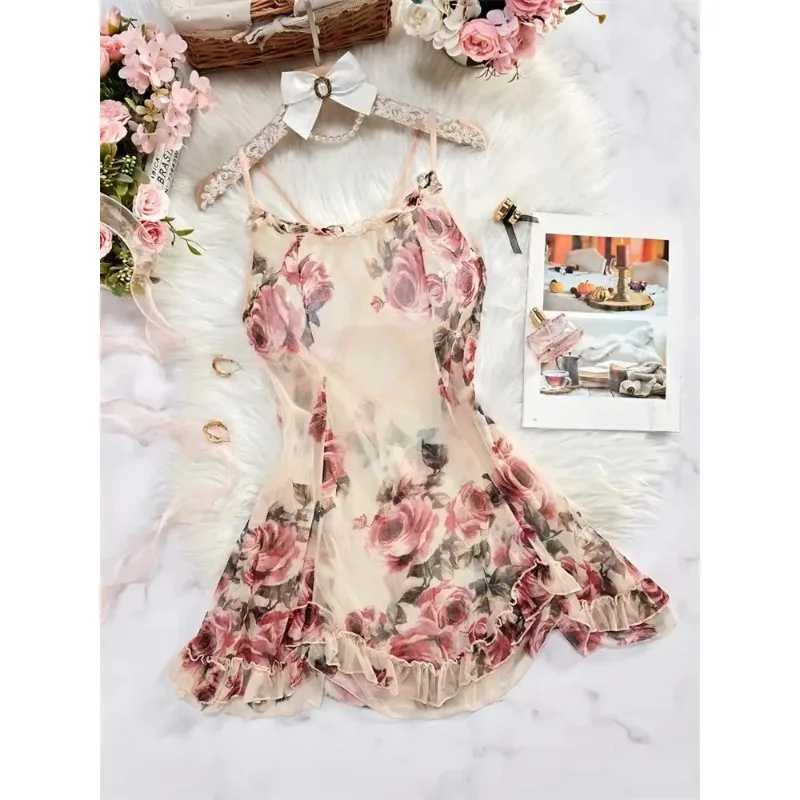Women Floral Spaghetti Strap Nightdress Back‑cross Chemise Romantic Sleepwear for Valentine Honeymoon Dating Bedroom Loungewear image 6