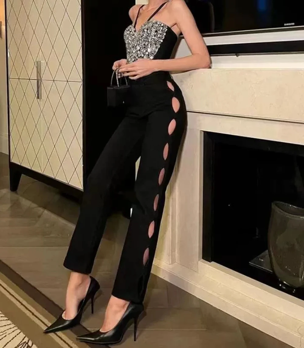 High-End-Marke Damen schwarzer Nagel Diamant sexy Mode ärmellose Hosenträger hohler schlanker Damenoverall-GZXX1216