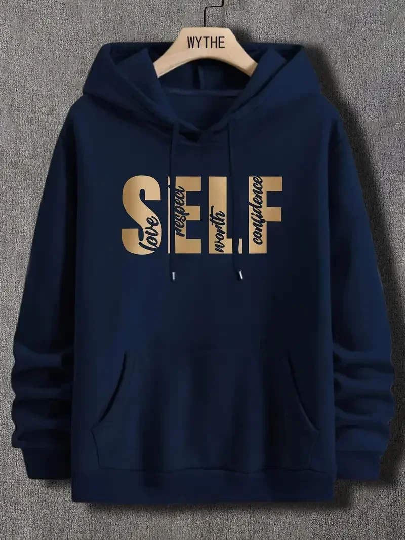 Men Gold Self Love Respect Worth Confidence Letters Print Hooded Sweatshirt Casual Loose Graphic Hoodie for Male Pullover Cloth