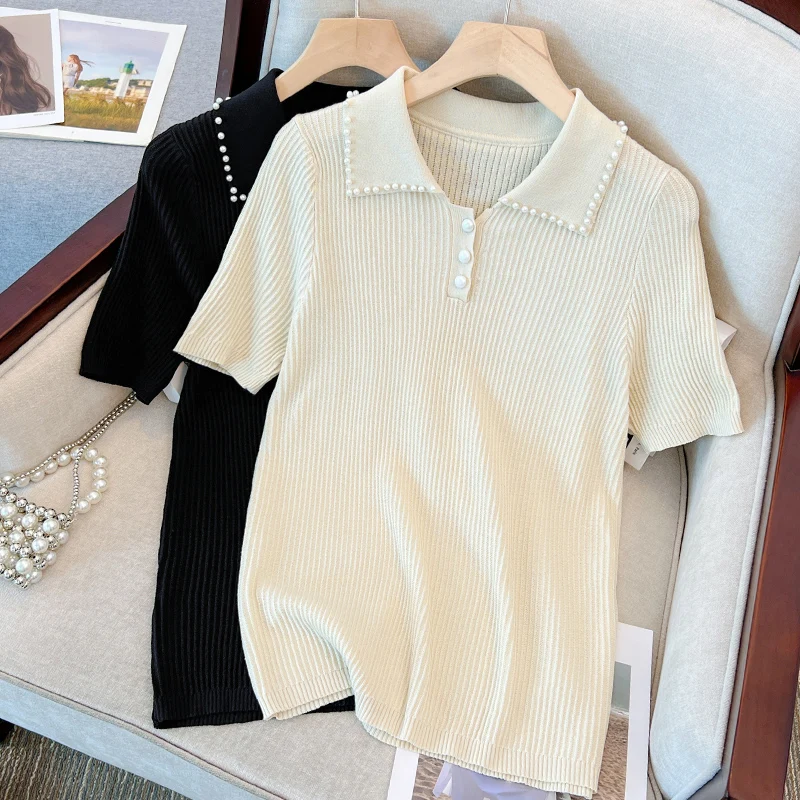 Pearl Beading Knit Tshirt Sweater Women 2023 Summer Short Sleeve Polo Collar Tops Tees Elegant Vintage Chic Knitwear Pullover