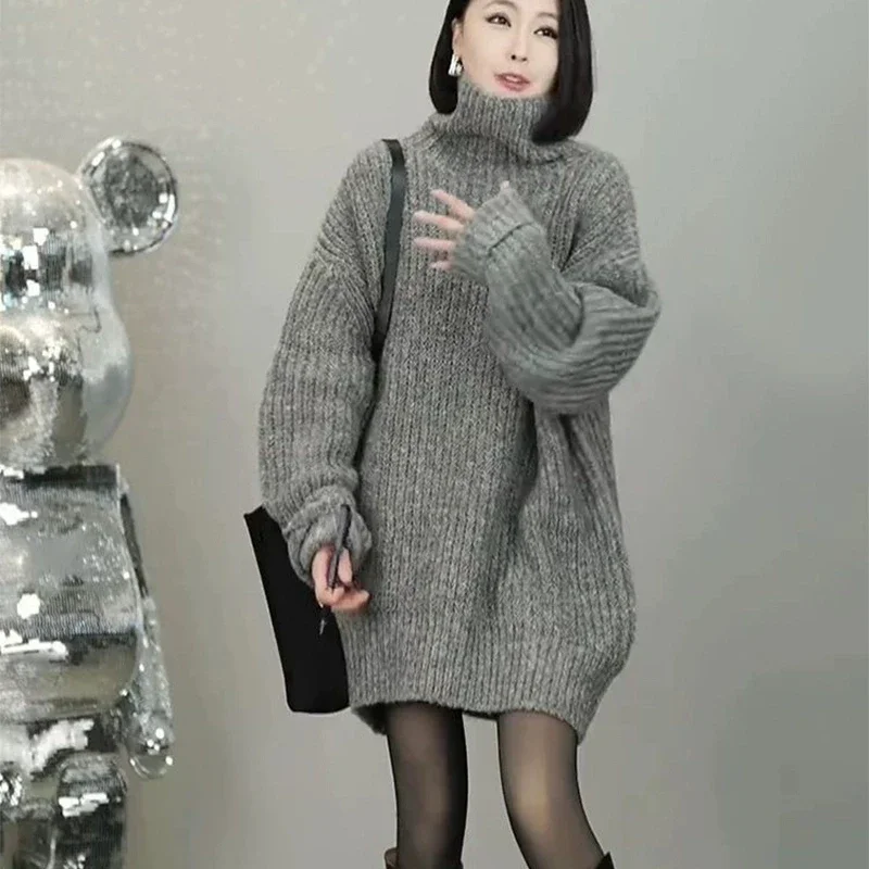 

Женский весенний серый свитер с воротником большого размера, длинный шикарный вязаный пуловер, свитер из плотной вязки, теплый эластичный свободный топ XQ50