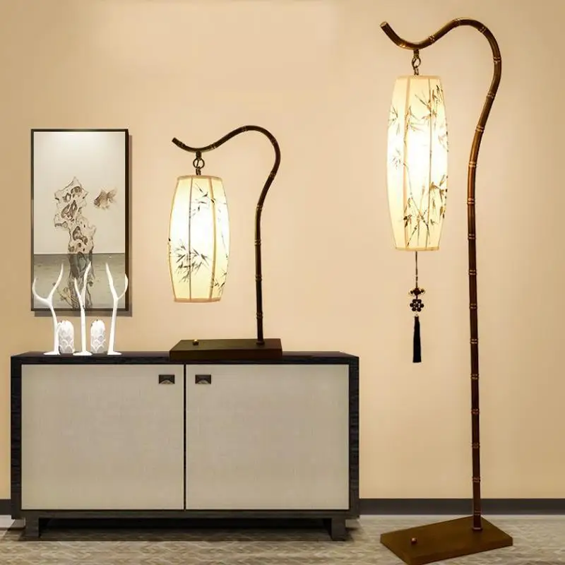 Chinese style zen vertical bamboo leaf floor lamp new Chinese landscape painting tea room restaurant
