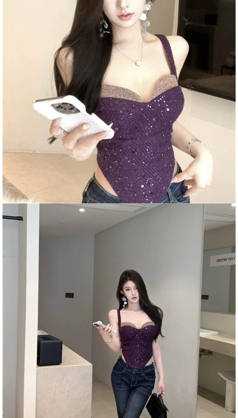 Perlen-Pailletten-Heißes Mädchen-Hosenträgerweste, hochwertige lila sexy Innenkrawatte