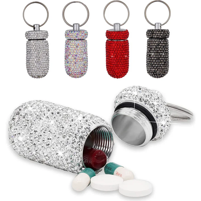 

Medicine Storage Box Full Rhinestone Mini Medicine Vial Portable Sealed Medicine Bottle Keychain Accessories Key Rings Travel