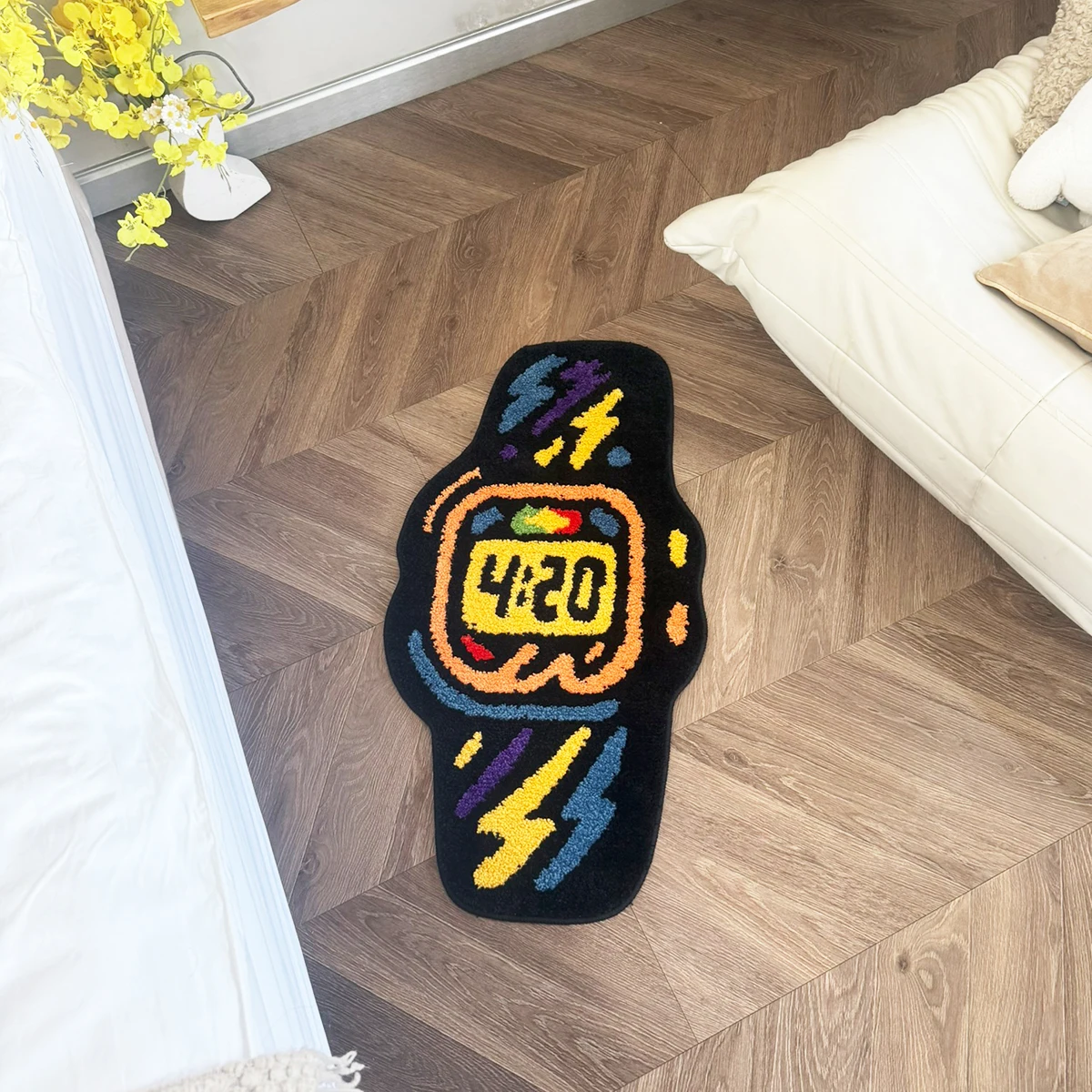 Funky 4:20 Watch Tufted Bodenteppich, klobige Flock-Graffiti-Uhrenmatte, rutschfest, coole Dekoration für 4:20-Kultur-Fans, modernes Schlafzimmer – Detail 5