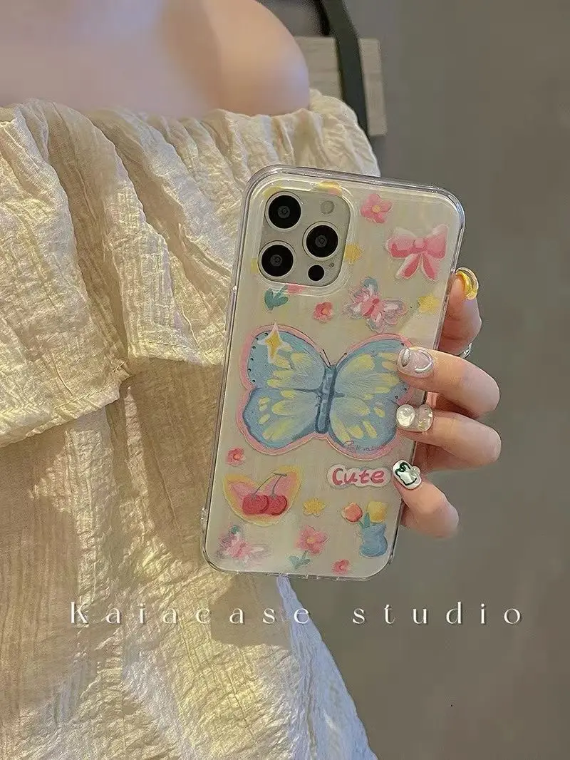 Graffiti Blue Butterfly Phone Cases for IPhone 11 12 13 14 Pro Max for IPhone Korean Vintage Phone Case Pink Bow Cherry Blossom