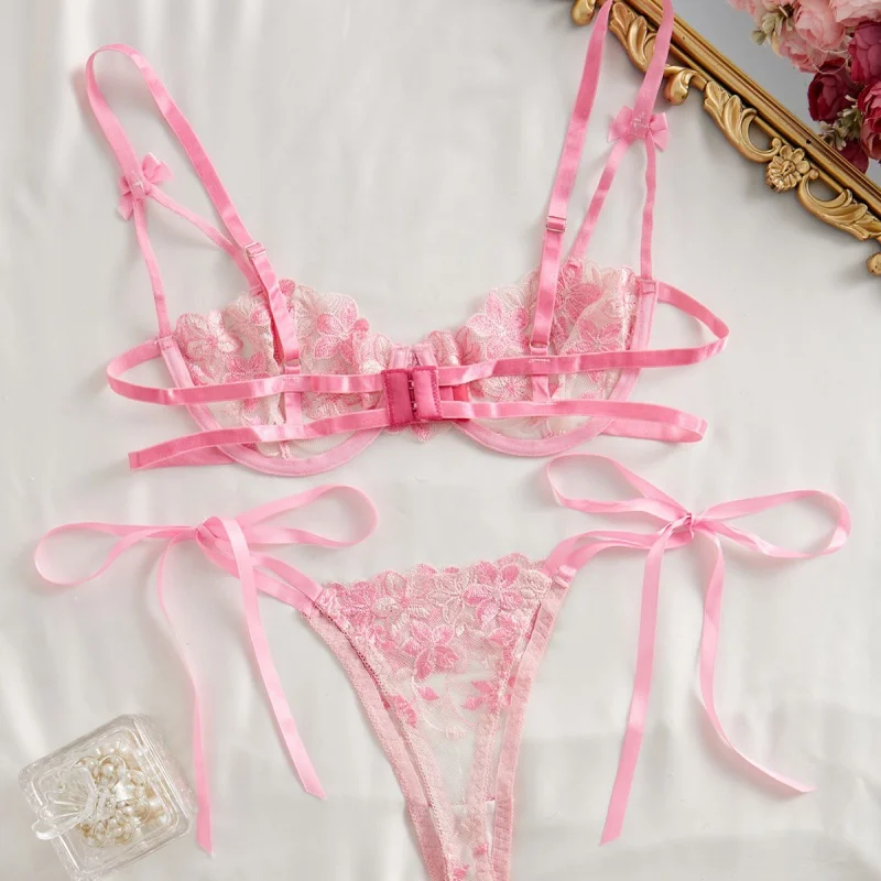 Bikini Strap Bra Flower Embroidery See-through Sexy Seduction Lace Sexy Lingerie Suit