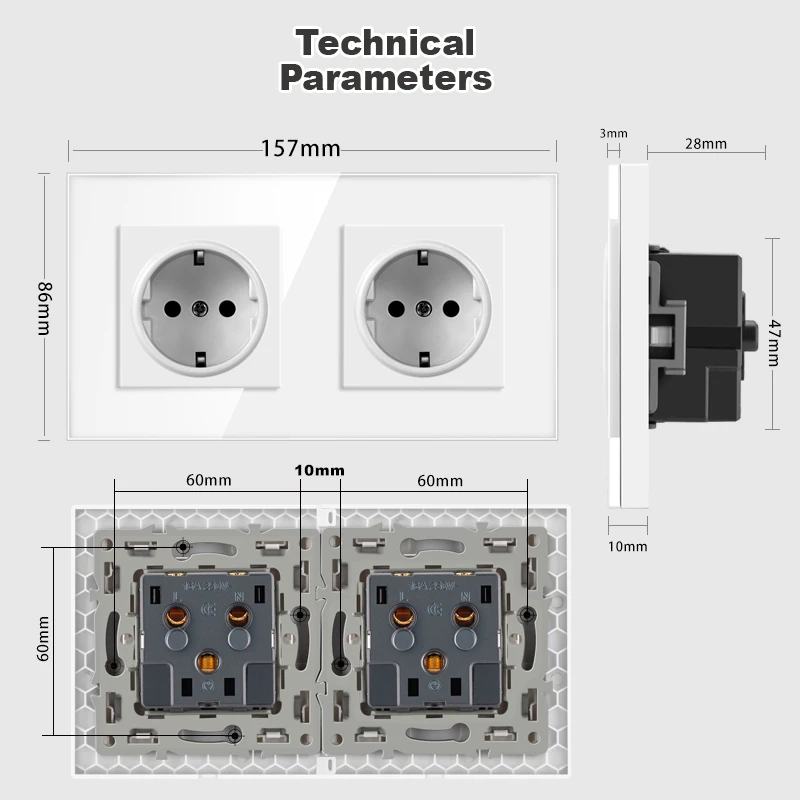 JHJCH Kristal Gehard Glazen Paneel 2,3, 4Gang Stopcontact Geaard 16A EU Standaard Elektrische Triple Outlet