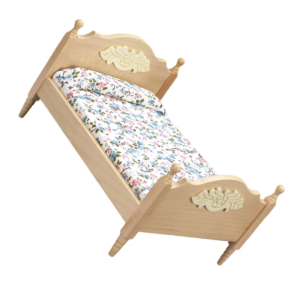 Mini Double Wooden Toy House Miniature Accessory Simulation Bed Double Bed Model Kids' Room Decor Play Toys