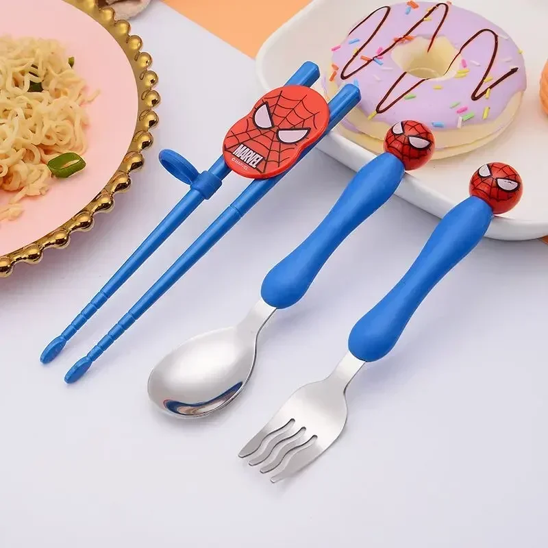 New Marvel Spiderman anime cartoon student silicone handle spoon stainless steel fork practice chopsticks children's tableware