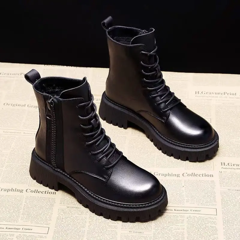 Black PU Leather Ankle Boots Women Autumn Winter Round Toe Lace Up Shoes Woman Fashion Motorcycle Platform Botas