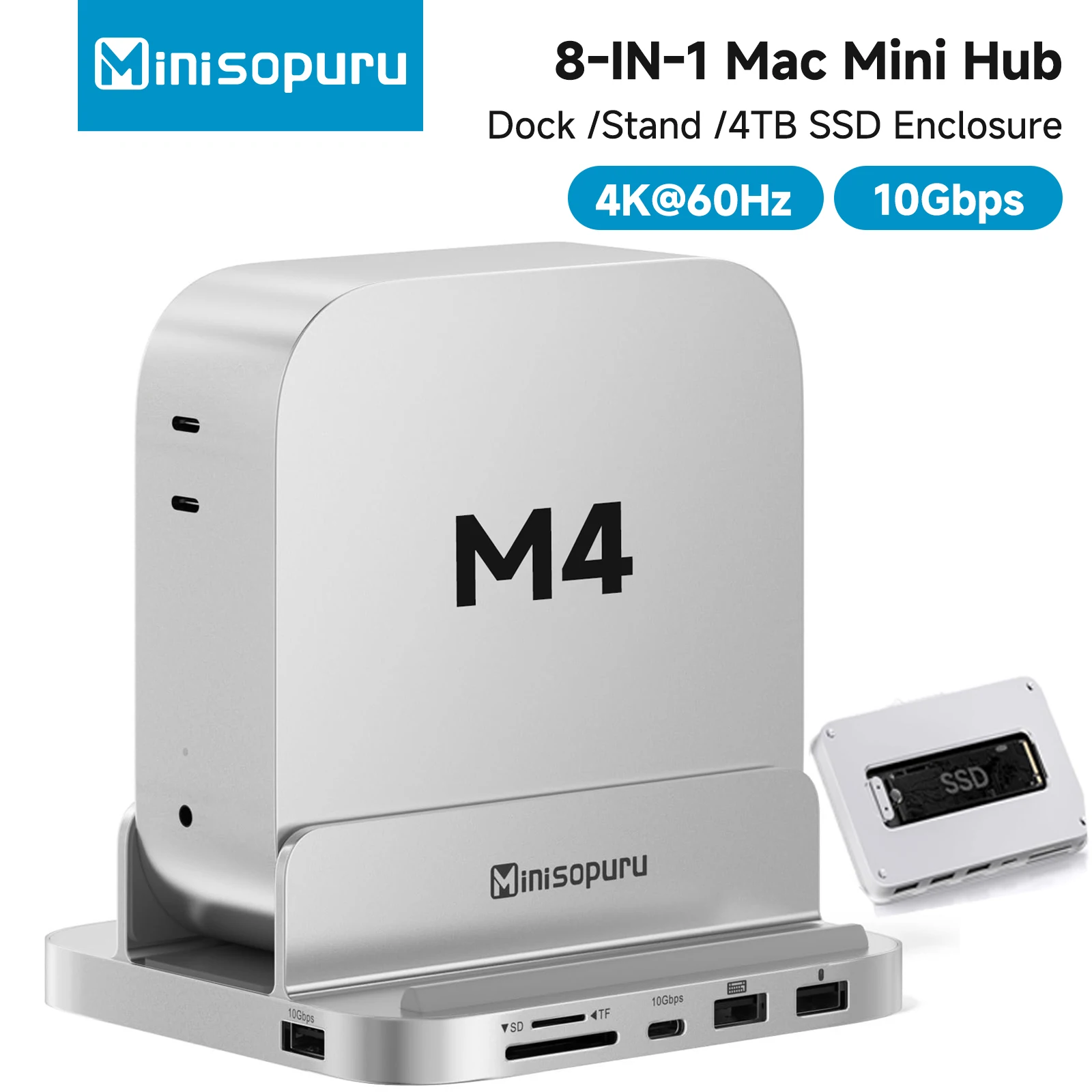 

Minisopuru Mac Mini M4 Dock Stand with M.2 NVMe SSD Enclosure, 10Gbps USB C/A 8 in 1 Mac Mini Hub for Mac Mini M4 / M4 Pro 2024