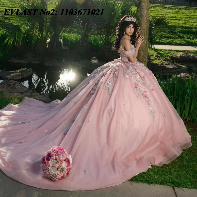 EVLAST Personalizado Princesa Rosa Quinceanera Vestido de Baile 3D Flores Applique Beading Doce 16 Vestidos De 15 Anos E2Q34