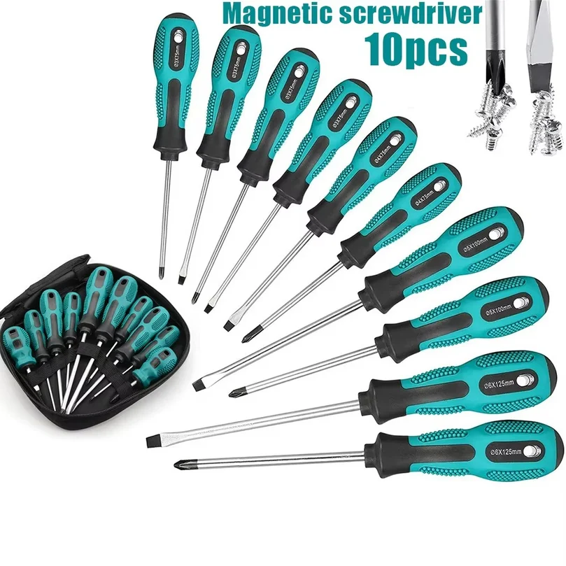 10-Piece Flathead and Phillips Magnetic Screwdriver Set, Professional Manual Installation Tools, Includes a Storage Bag
