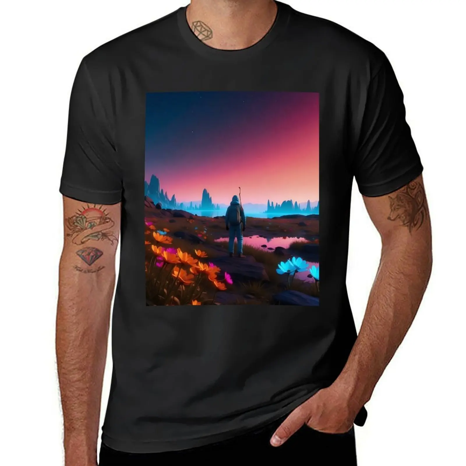 Twilight Trek: A Wanderer's Dream in Vivid Hues T-Shirt summer tops tees korean fashion mens workout shirts