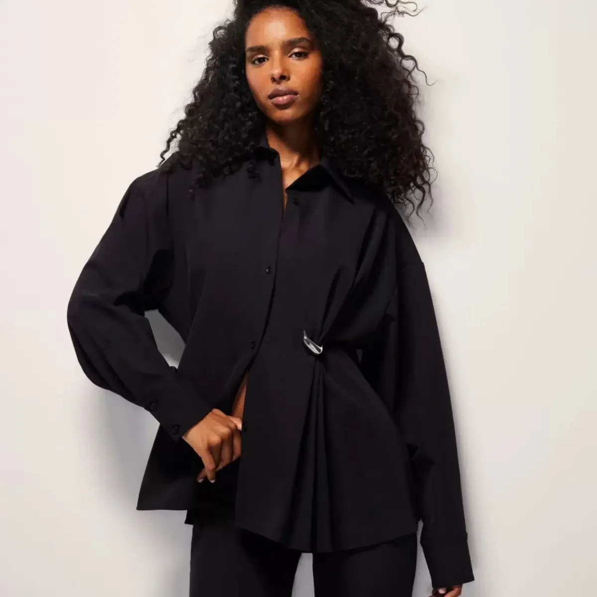 

Kylie's same style~KHY x GraceLing black pleated metal button shirt, mid length waist cinched shirt for women