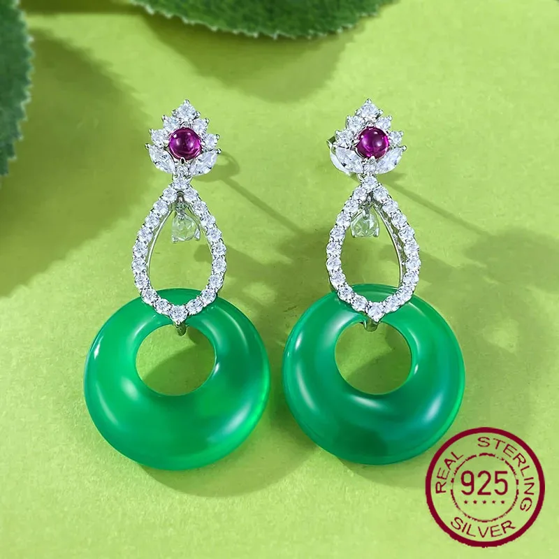 Longlong Gold Jewelry Live New 925 Silver Inlaid 20mm Green Jade Marrow Earrings Rich Lady Style Luxury Inlay