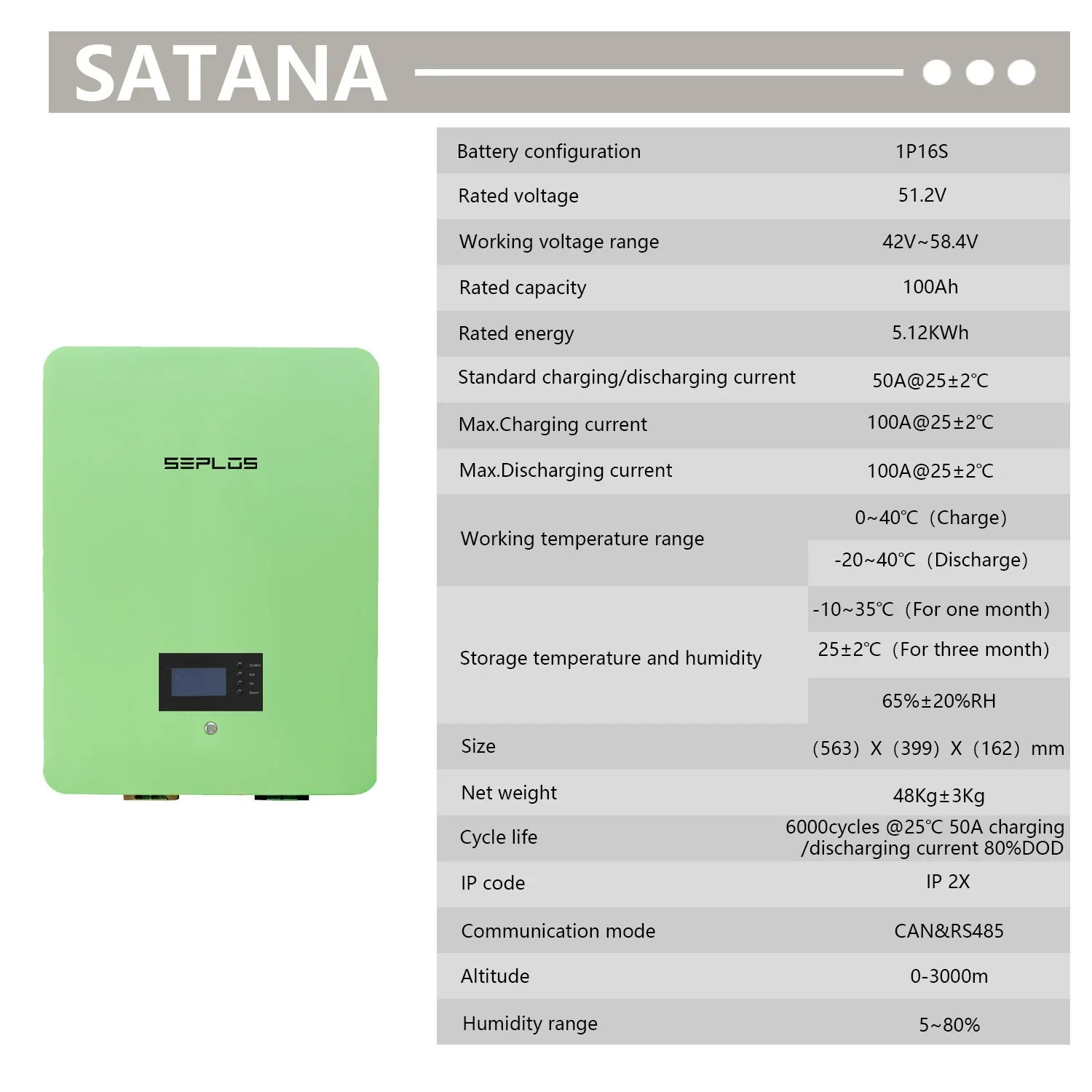 Seplos ODM Rechargeable 51.1V 100Ah 5KWh Home Solar Energy Storage System SATANA Battery Pack Lithium Battery Pack