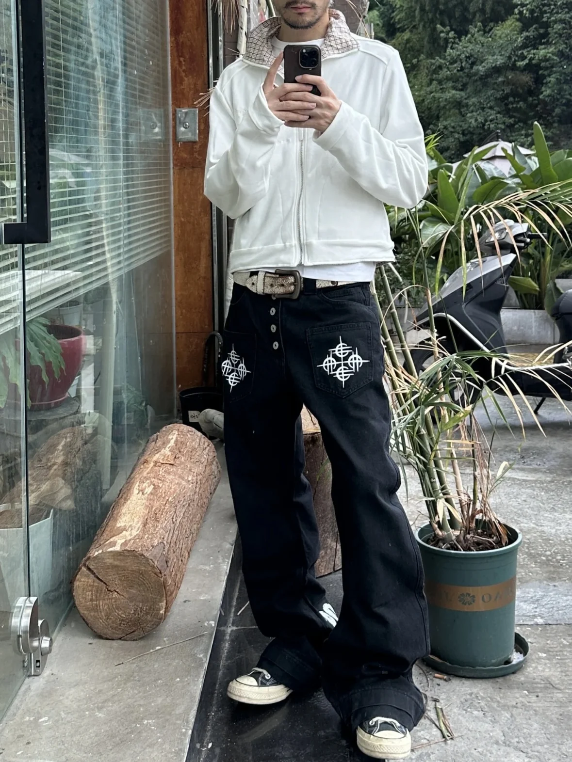 

Retro American Street Design Button Straight Leg Knife Jeans Unisex Loose Wide Leg Floor Length Trendy Long Pants