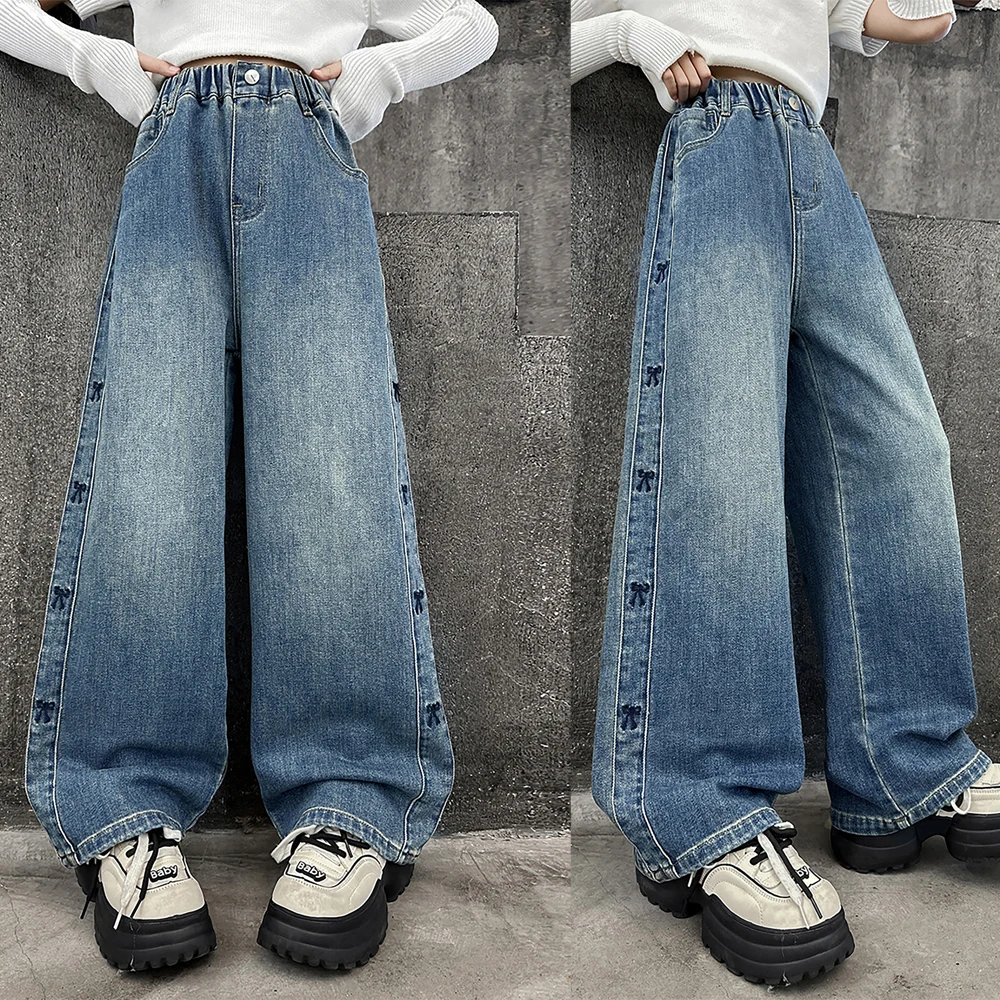 LOlanta Girls Jeans Denim Elastic Wasit Wide Leg Baggy Pants Kids Daily Casual Wear Bottoms 6-15 Years