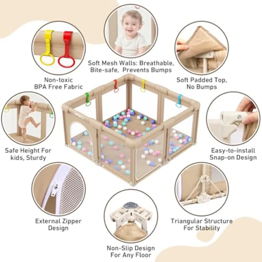 روضة أطفال قابلة للطي للأطفال الرضع والأطفال الصغار، قلم لعب كبير محمول مع بابين و4 مقابض 50 كرة، 50 × 50 بوصة كاكي #6