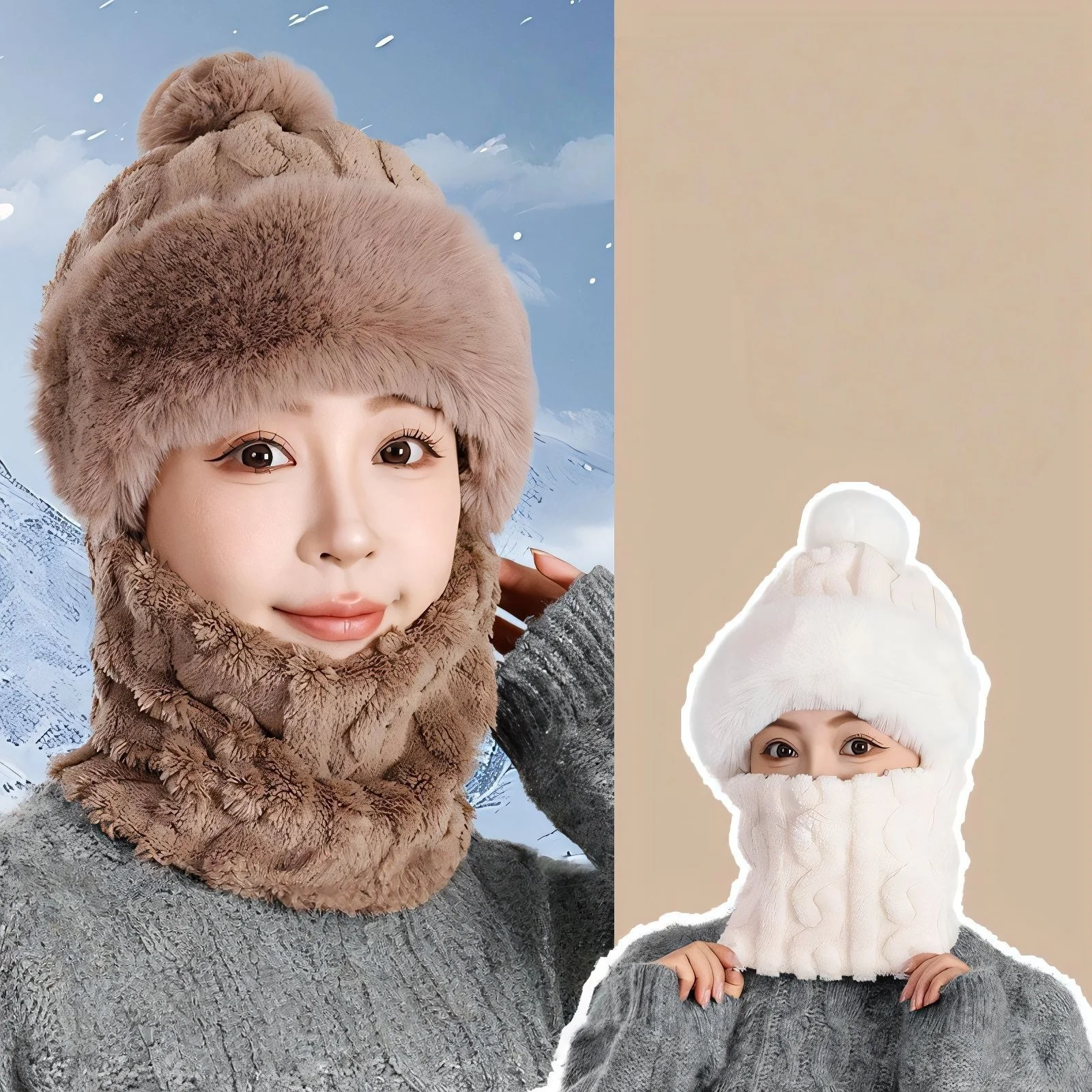 

Зимняя вязаная шапка, шарф, маска, плюшевые шапочки с помпоном для женщин, уличная велосипедная шапка, защита ушей, шеи, лыжная шапка