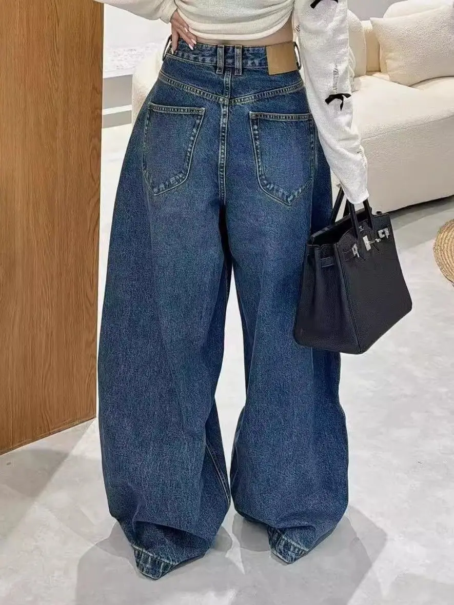 American Retro Washed Curved Knife Floor Length Pants For Women In Plus Size, High Waisted Pleated Wide Leg Denim Pants