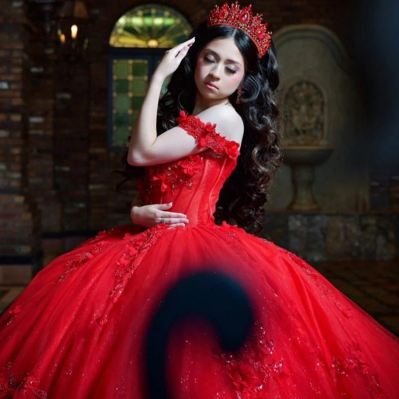 Robes de Quinceanera rouge brillant, épaules dénudées, dentelle appliquée, perles, nœud en cristal, Corset en tulle, robe de fête d'anniversaire, douce 16 ans