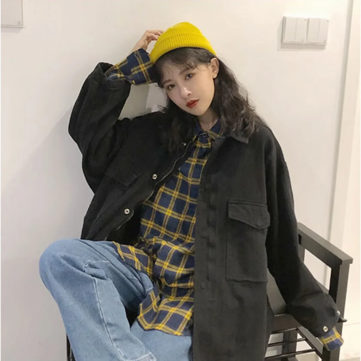 

Korean Version Solid Color Work Jacket for Female Students Autumn Hong Kong Style Retro Loose and Versatile Jacket Casual Top