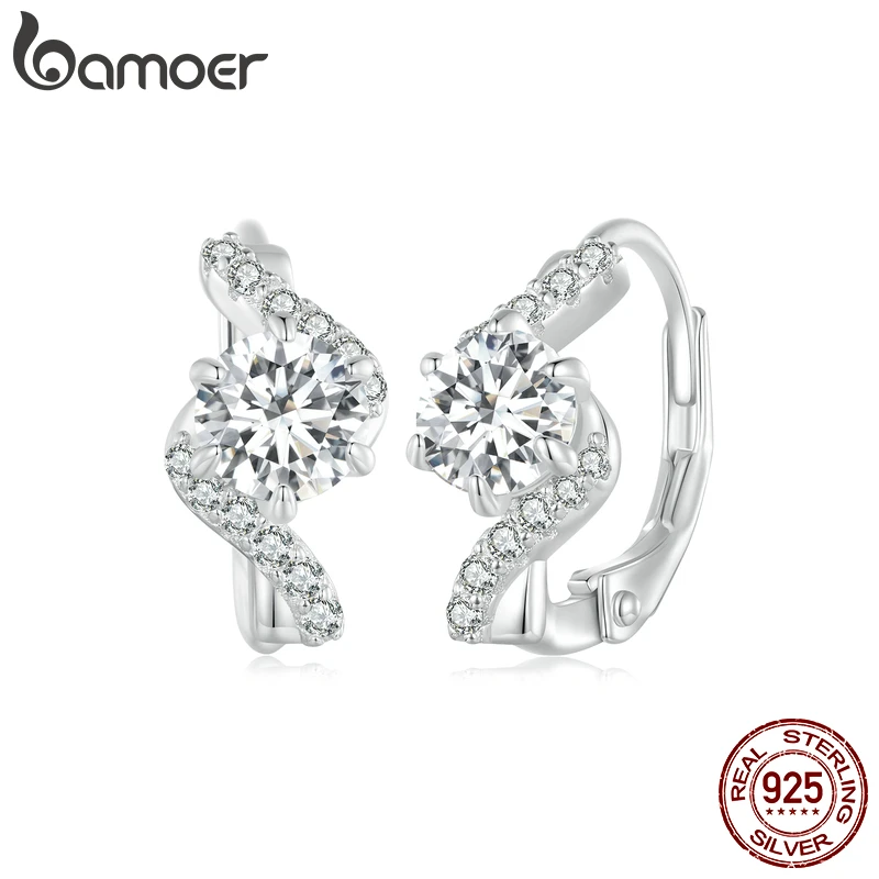 BAMOER Twisted Wave Hoop Earrings, 925 Sterling Silver Elegant Dazzling Moissanite Ear Buckles for Women Engagement Jewelry Gift