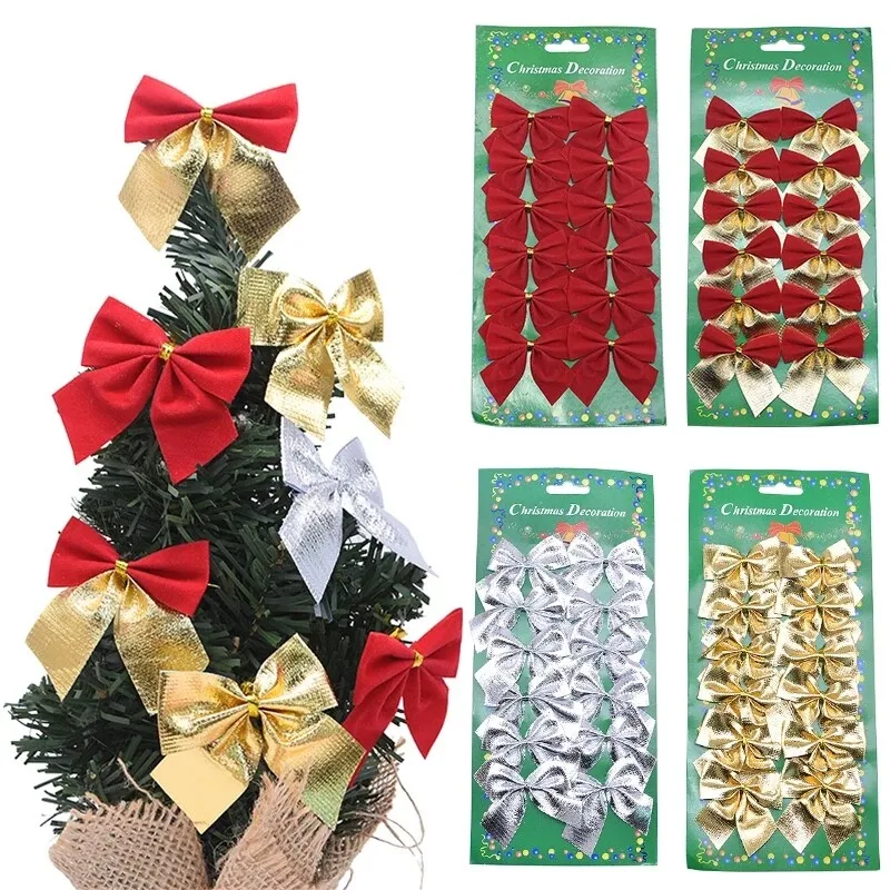 12/24PCS 5.5CM Plush Bow Christmas Tree Pendant Gold Red Christmas Tree Wreath Pendant New Year Party Home Decoration Supplies