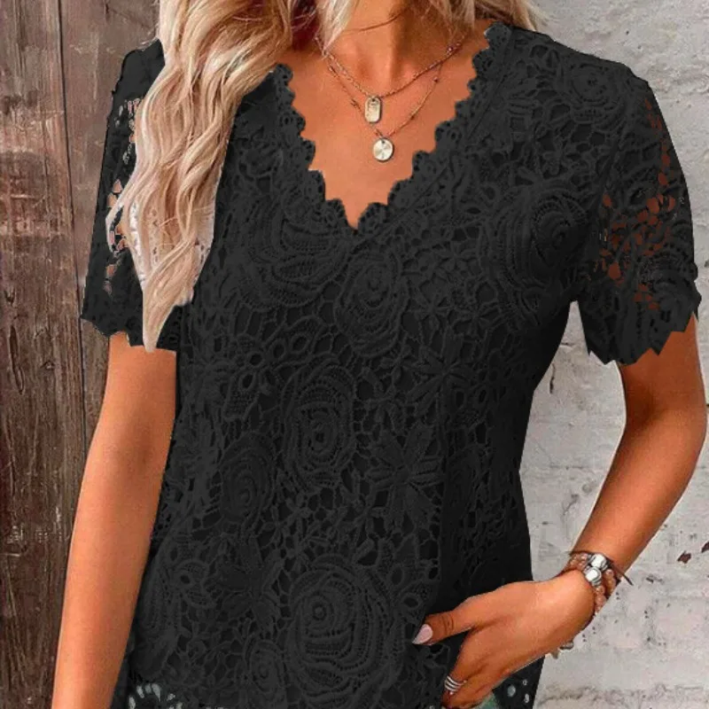 

Summer Women's 2024 New Pullover V-neck Spliced Lace Hollow Out Jacquard Slim Fit Solid Color Fashion Elegant Short Sleeved Tops