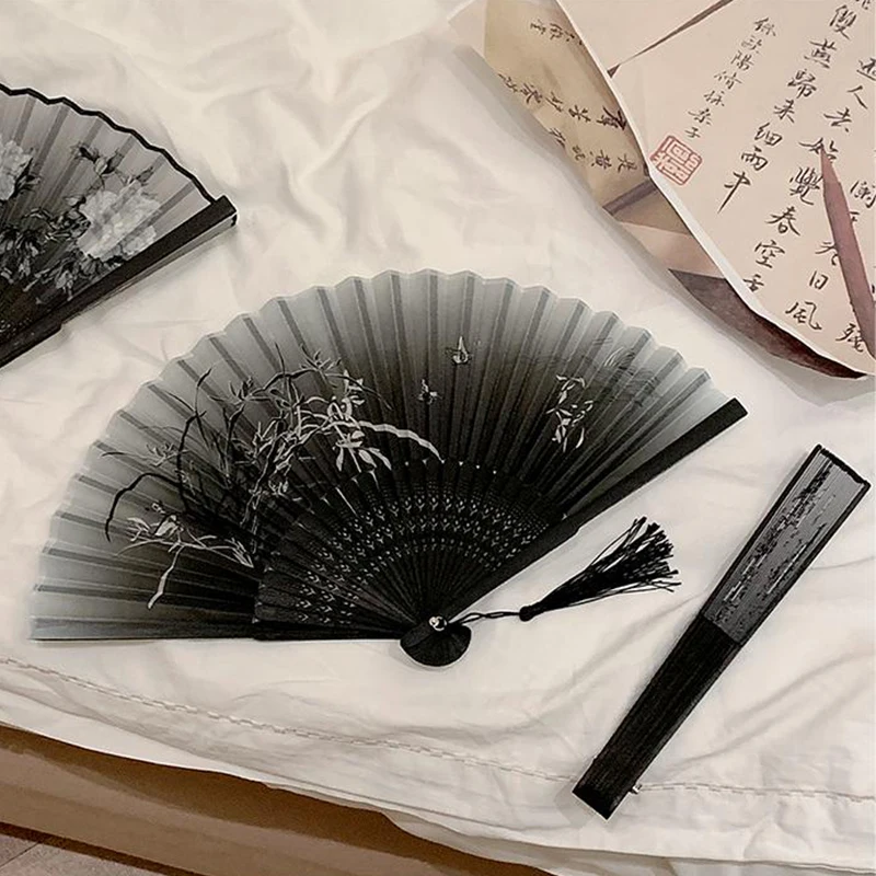 New Retro Ink Orchid Silk Folding Fan New Chinese Style Ancient Lotus Hand Fans Close Friend Gift Classic Hanfu Decorated Crafts