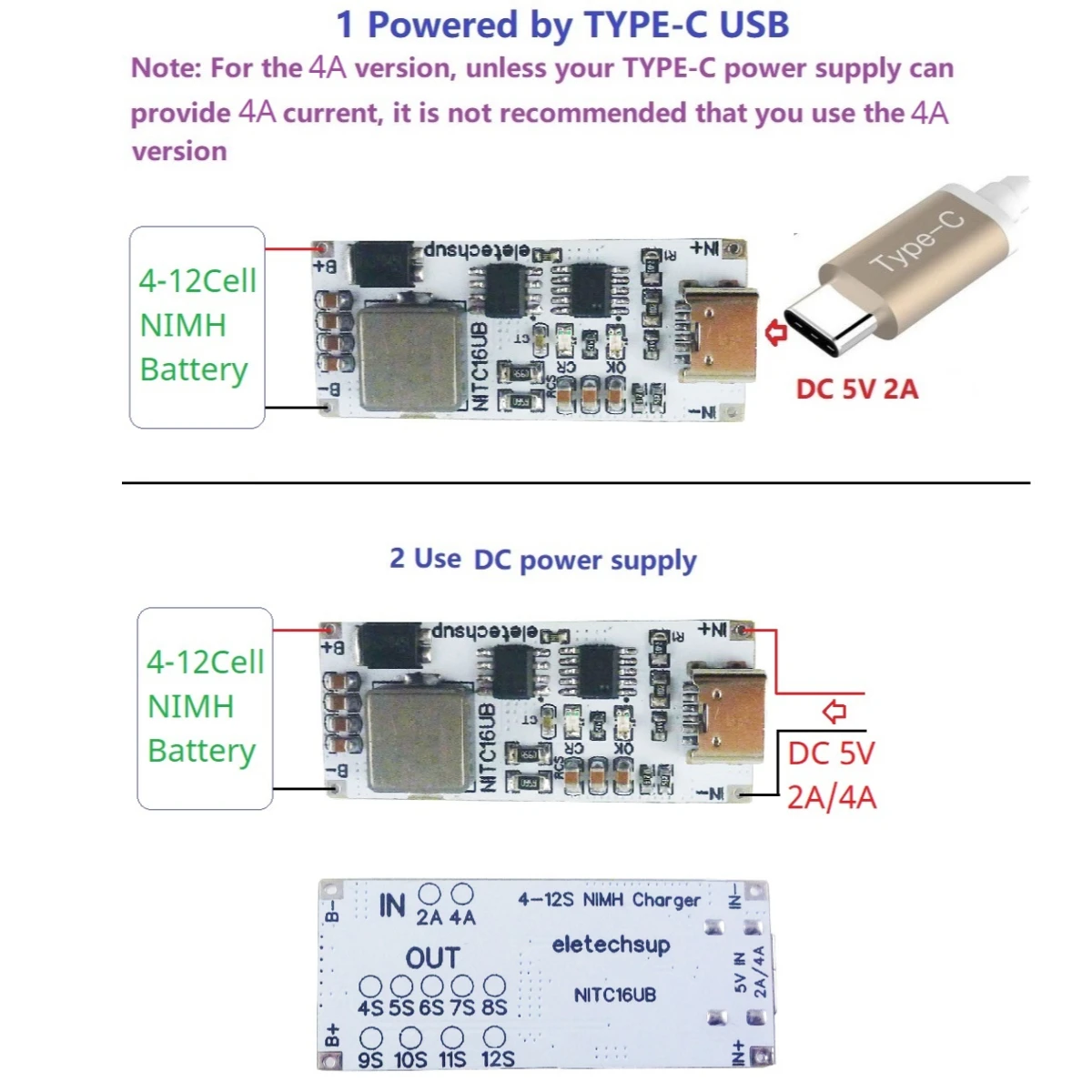 TYPE-C DC 5V Boost BMS CC/CV NiCd for 4.8V 6V 7.2V 8.4V 9.6V 10.8V 12V 13.2V 14.4V Battery 2A/4A 4-12 Cell NIMH Charger Module