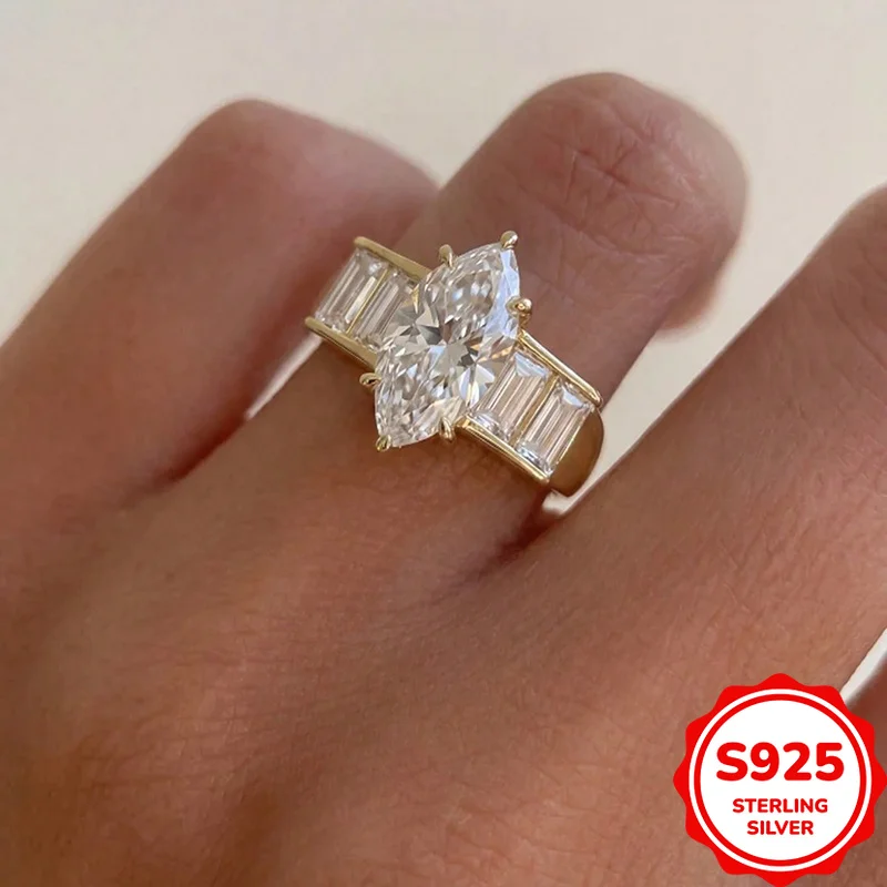 Creative and Personalized Genuine S925 Silver Marquise Zircon Ultra-flash Women's Wedding Ring Trendy and Versatile