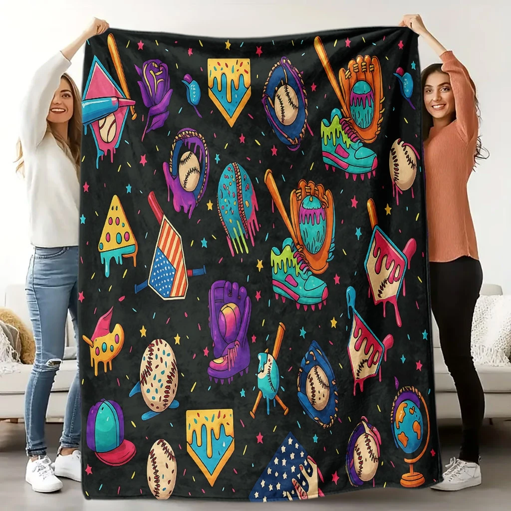 Custom Baseball Blanket Colorful Graffiti Glove Bat Design Personalized Name Fleece Throw All Season Soft Warm Bedding