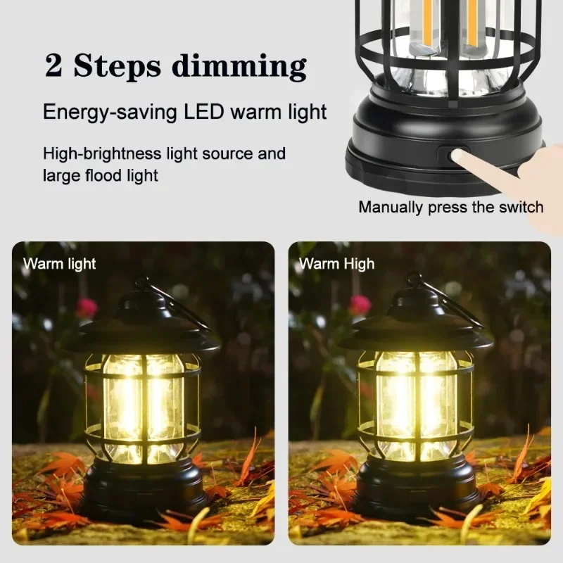 Retro Camping Lantern Battery Powered Hanging Tent Light 2 Modes Outdoor Waterproof Camping Ambient Lamp Emergency Work Light