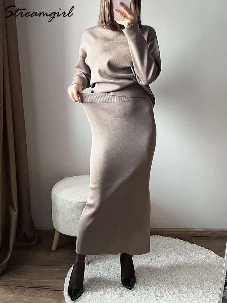 Camel Skirts And Top Sets For Women Knit Two Peice Bodycon Skirts With Slit 2 Pieces Sets Women Outfit Sweater And Skirt Set