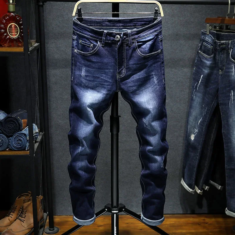 Moda coreana para meninos jeans stretch jeans, roupas de grife para meninos, calças skinny, calças finas azuis rasgadas, primavera, outono, novo