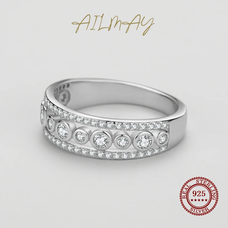 Ailmay Authentic 925 Sterling Silver Dazzling Round Zircon Rings For Women Wedding Engagement Fine Elegant Female Jewelry