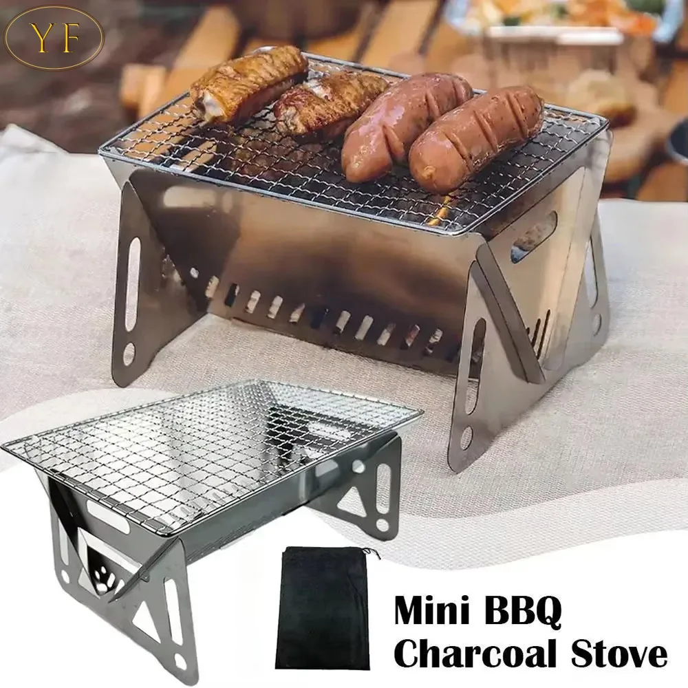 Multifunction BBQ Grill Portable Griddle Fold Mini Brazier Heating Furnace Outdoor Camping Stainless Steel Stove Tray Holder