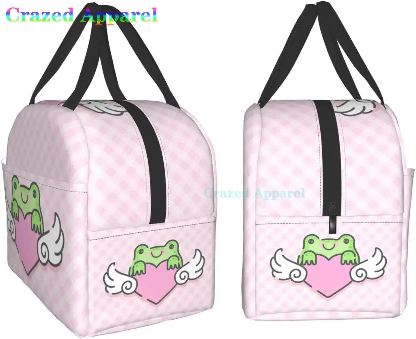 Lovely Little Frog with Winged Heart Print Lunch Box, Kawaii Small Insulation Lunch Bag, Reusable Food Bag Lunch Containers Bags