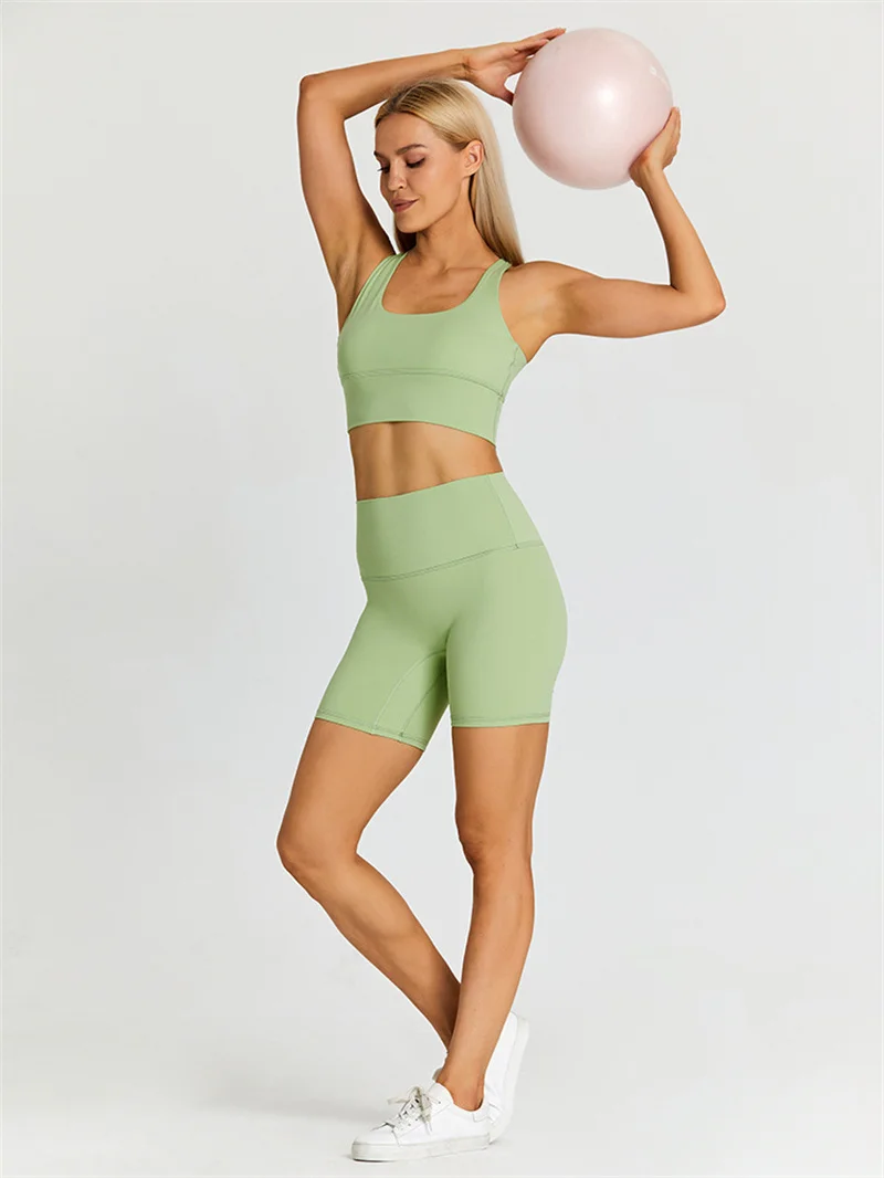 Solid Color Women Sports Suit High Waist Shorts And  Fitness Bra 2pcs Short Legging Yoga Set Gym Workout Training With Chest Pad