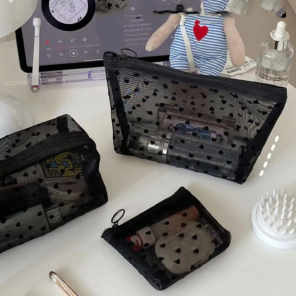 Fashion Wave Point Love Heart Mesh Makeup Bag Zipper Large Capacity Transparent Cosmetic Bag Toiletry Bag Organizer Case Girls
