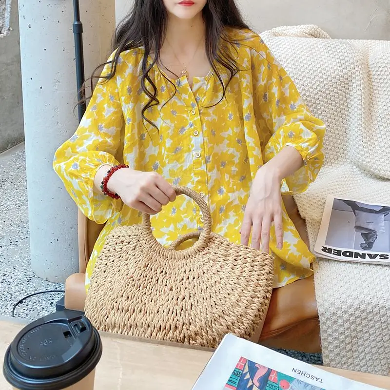 

Trend Loose V Neck Printing Korean Blouse Summer New Half Sleeve All-match Youth Fashion Shirt Tops Casual Sweet Women Clothing