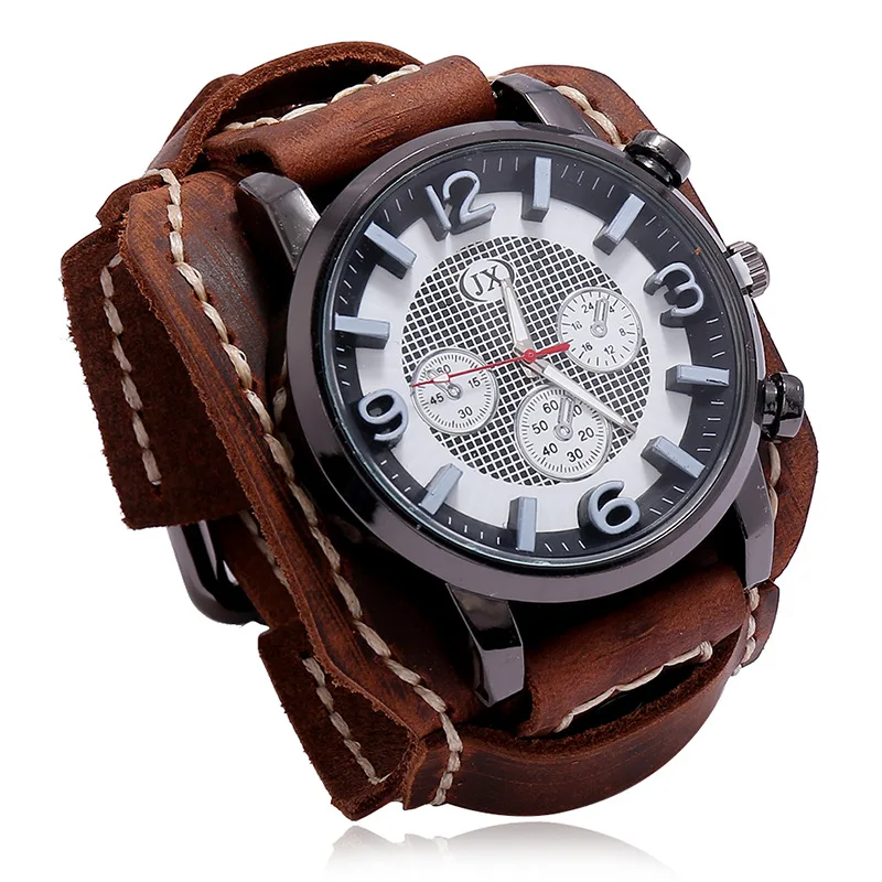 New Retro Mens Watches Genuine Leather Wide Watchband Wristwatch Fashion Punk Style Quartz Watch For Men 2023 Cowhide Bangles