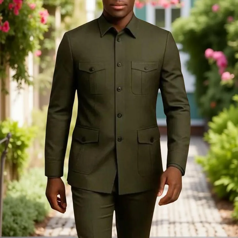 Safari Casual Men Suits with Pockets Stand Collor Chinese Fashion Style Slim Fit Wedding Suit Custom Made 2 Pieces Jacket Pants view 4