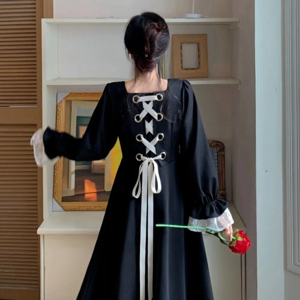 

High Waist Slim Fit Lace Princes Dress A-line Sweet Girls Long Dress Ballet Style Pleated Puff Long Sleeved Dress Streetwear