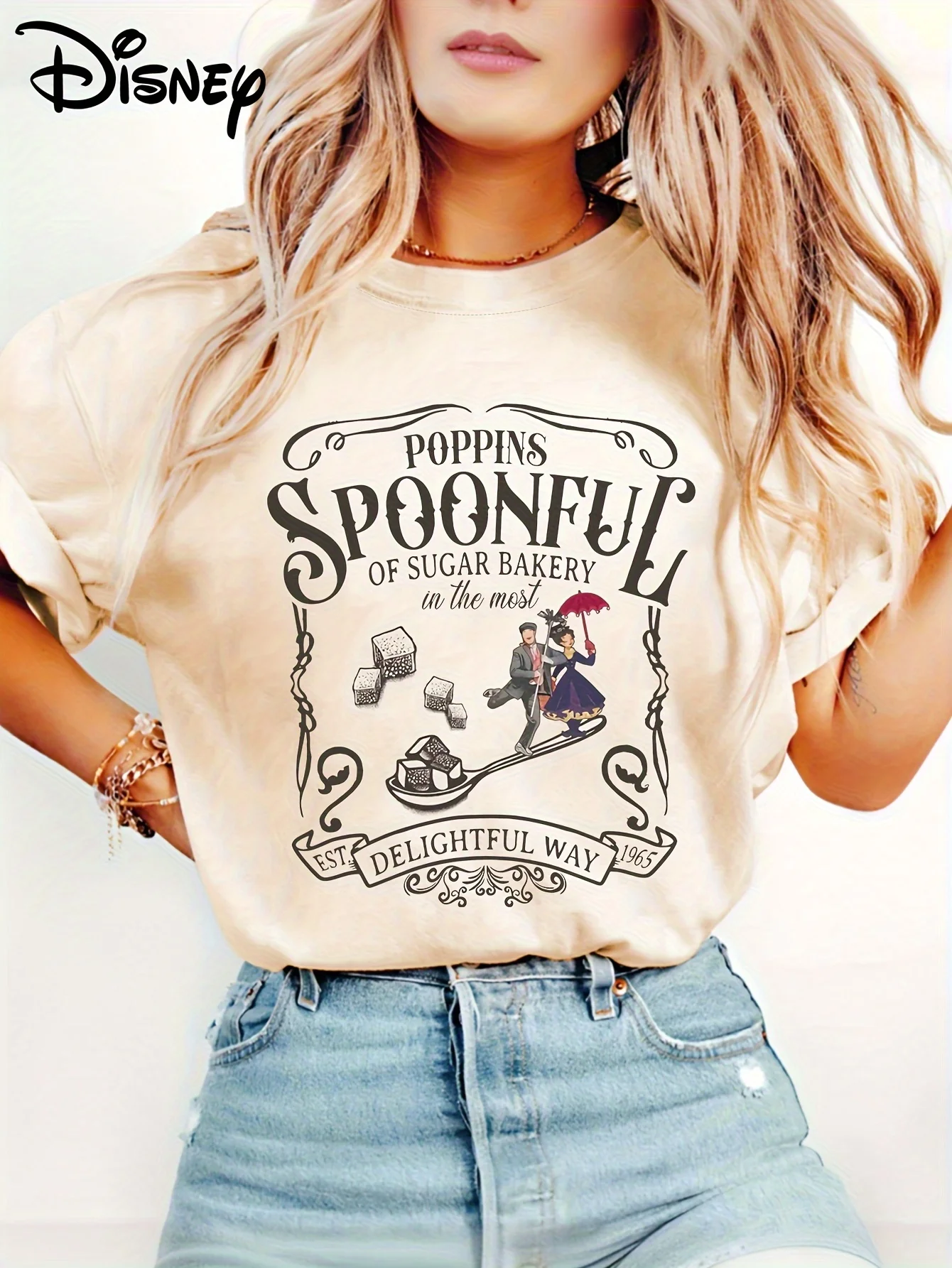 تي شيرت رجالي Retro Mary Poppins' Spoon of Sugar 'خبز نمط تي شيرت - تصميم مرجعي للفيلم القديم فضفاض بأكمام قصيرة كاجوال