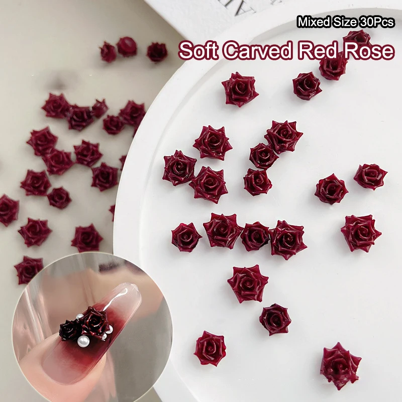 30Pcs Mixed Size Soft Carved Red Rose Nail Charms 3D Resin Accessories Nail Art Decoration Supplies For Manicure Diy